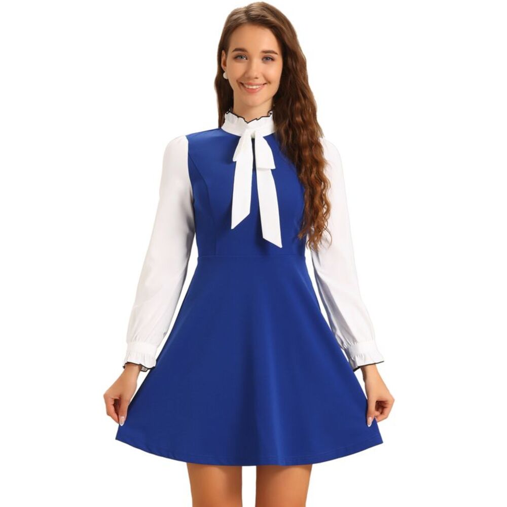 Contrast Color for Vintage Long Sleeve Tie Neck Dress Royal Blue
